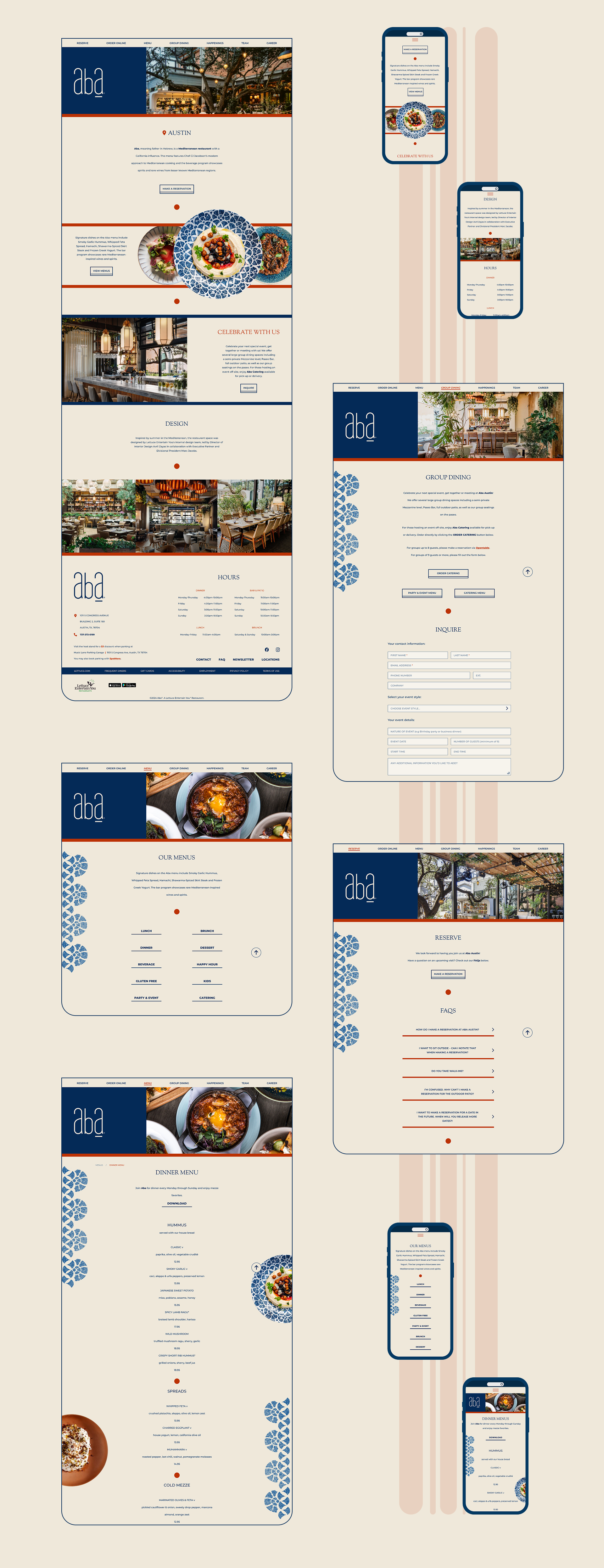 The finished product: the full desktop homepage with its navy header, Austin introduction, signature dishes, Celebrate with us and Design sections and hours footer; the group dining and inquire page; the reserve and FAQs page; the Our Menus and Dinner Menu pages; and mobile versions of the homepage, menus and dinner menu.