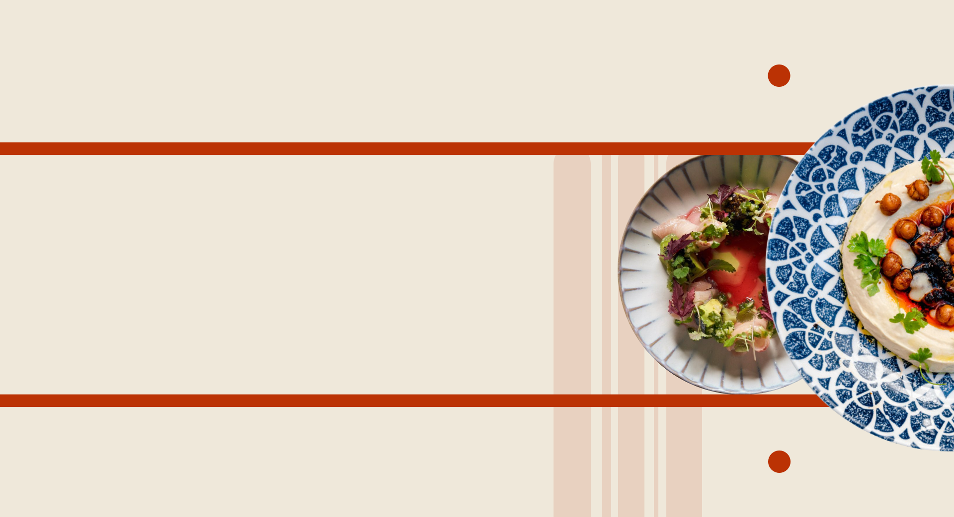Two Mediterranean plates — a tuna crudo scattered with micro herbs and a hummus crowned with crisp chickpeas — served on blue mosaic-patterned dishes, set against flat cream with two rust rules.