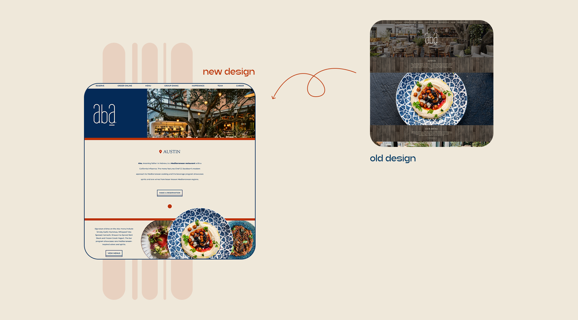 The old design — a dark, photo-heavy page — with a hand-drawn arrow curving across to the new design: a light homepage with a navy header, the aba wordmark, an Austin introduction and plated Mediterranean dishes.