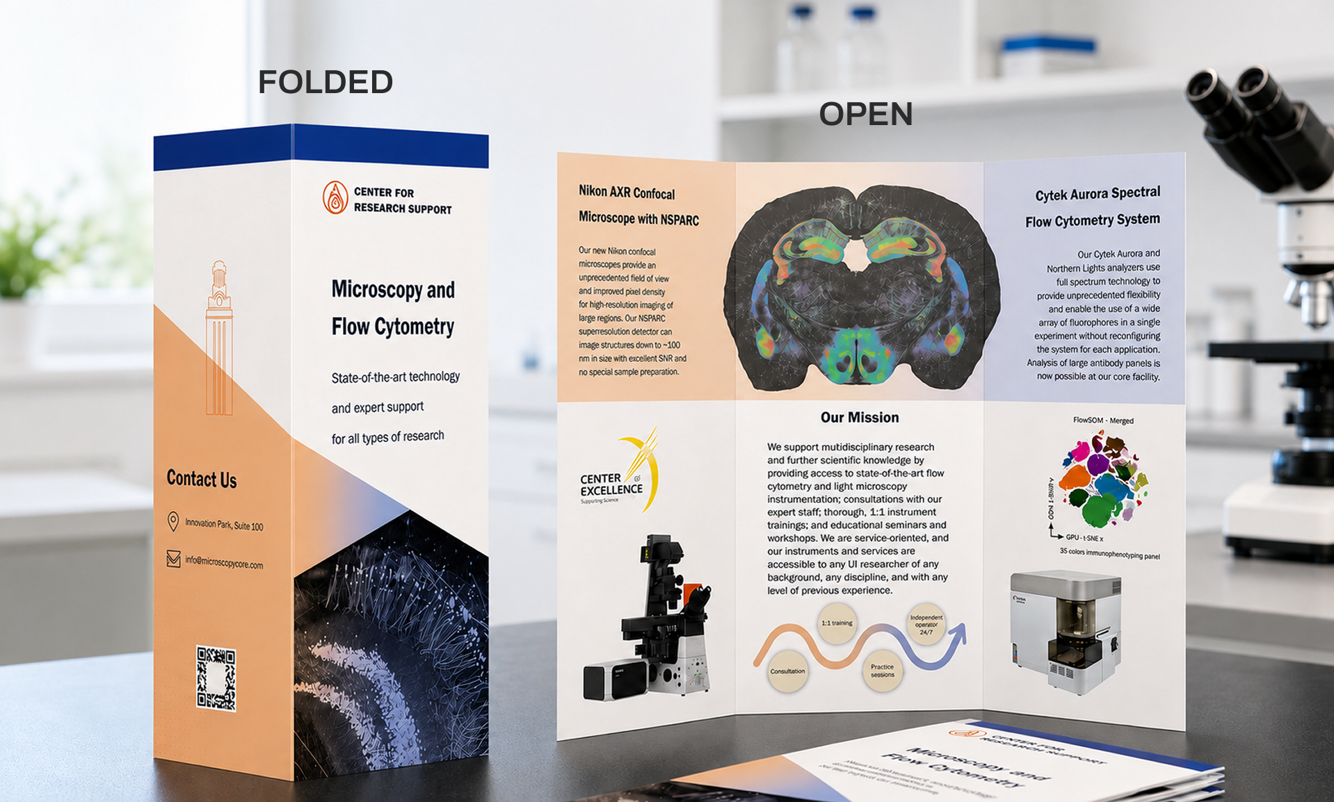 A photographed tri-fold brochure mock-up, folded and open, on a lab bench with equipment in the background. The open panels show the Center for Research Support logo lockup, the line "Microscopy and Flow Cytometry &mdash; State-of-the-art technology and expert support for all types of research," contact information, a panel on the Nikon AXR Confocal Microscope with NSPARC, a panel on the Cytek Aurora Spectral Flow Cytometry System, and an Our Mission panel describing multidisciplinary research support.