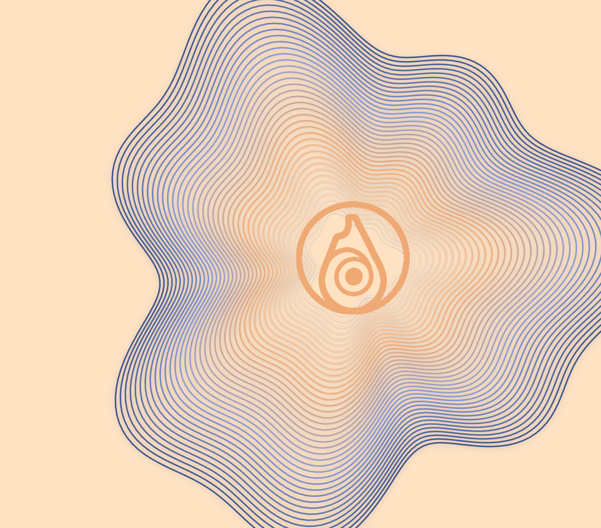 A water-drop, microscope-lens-shaped logomark set inside a wavy pattern of concentric orange and blue lines, on a flat peach background.