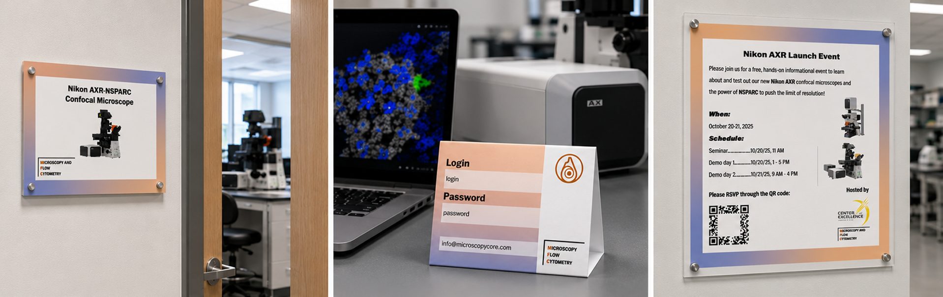 Three photographs side by side: an acrylic wall sign reading "Nikon AXR-NSPARC Confocal Microscope" outside a lab door; a laptop on a desk with a tent-card sign showing login and password details; and an acrylic poster reading "Nikon AXR Launch Event" with a date, schedule and QR code.