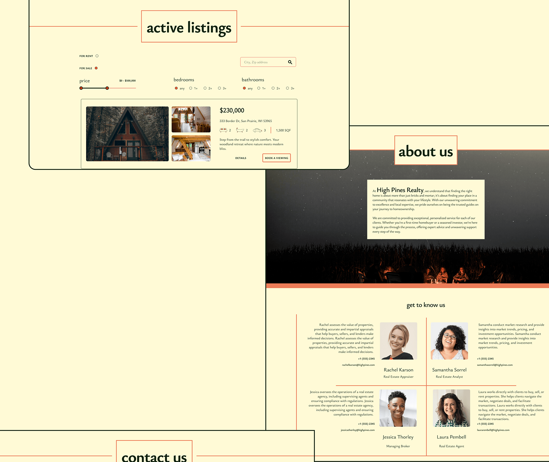 Final design, continued: the active listings page with filters and property cards, and the about us page.