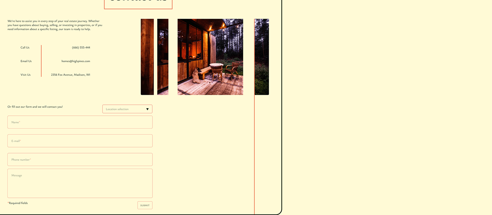 Final design, continued: the contact us page with agent details and an enquiry form.