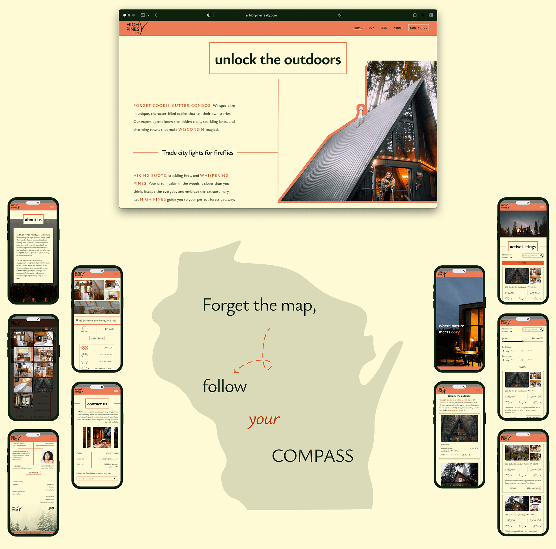 Overview of the finished product: the High Pines desktop homepage in a browser window, surrounded by a ring of mobile screens, over a silhouette of Wisconsin reading "Forget the map, follow your compass".