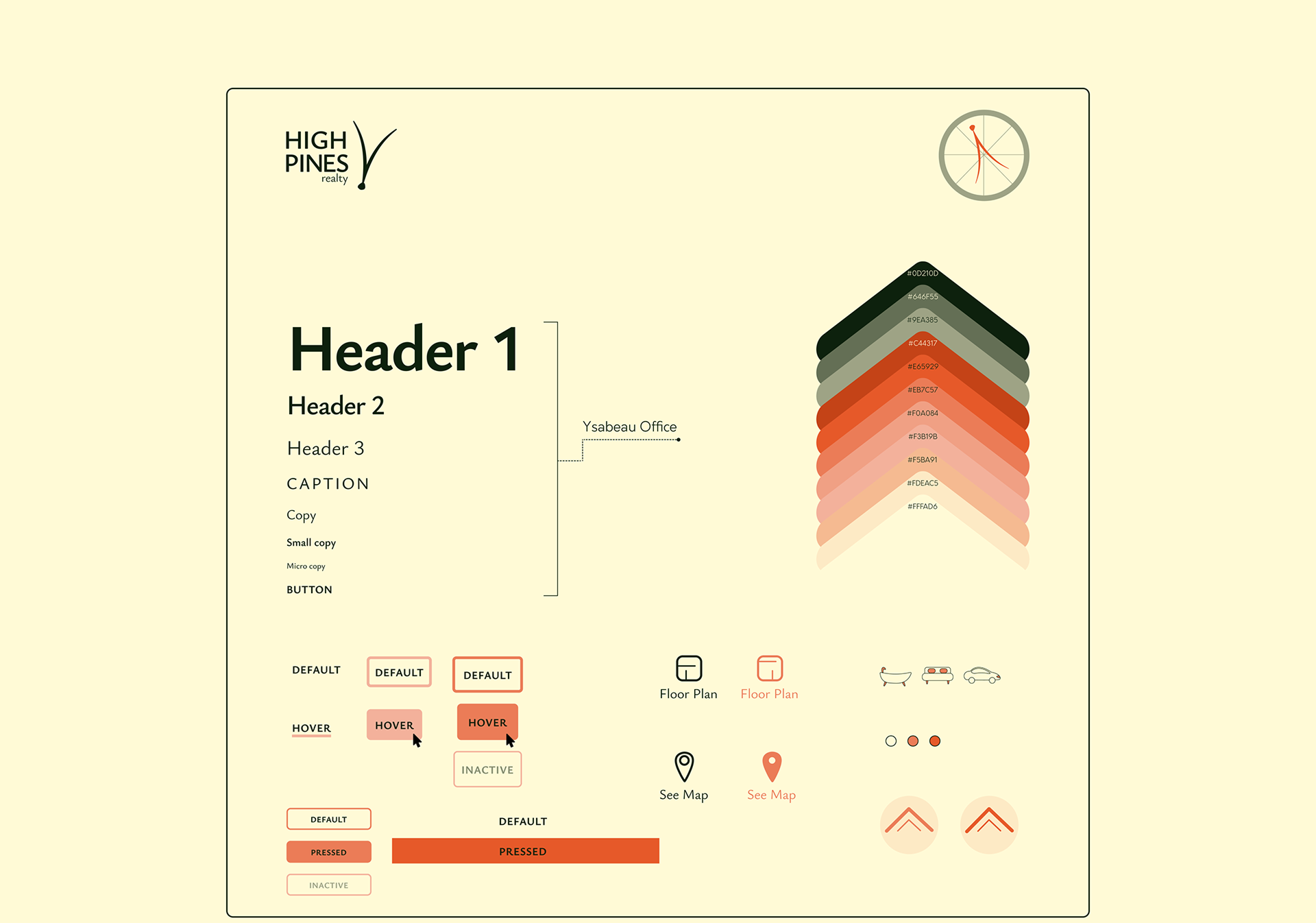 Branding and UI kit: the High Pines Realty logo and compass mark, the Ysabeau Office type scale, a chevron colour palette from deep forest green to cream with hex values, and button, icon and form states.