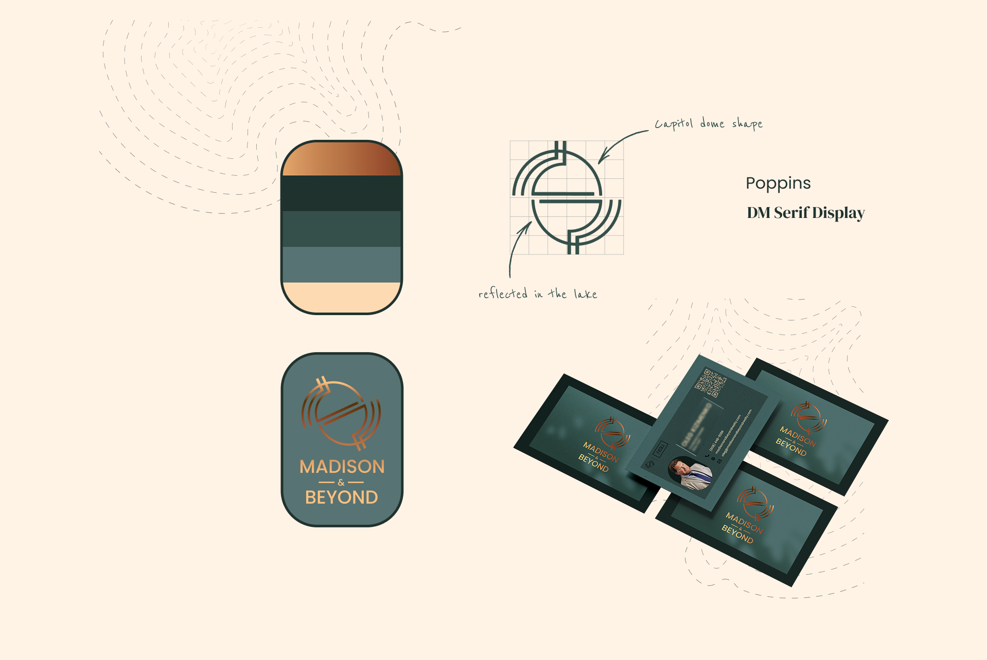 Brand system on cream: a five-colour swatch stack from copper through deep pine to sand; the logo mark's construction, annotated as the Capitol dome shape reflected in the lake; the Poppins and DM Serif Display typefaces; and business card mock-ups.