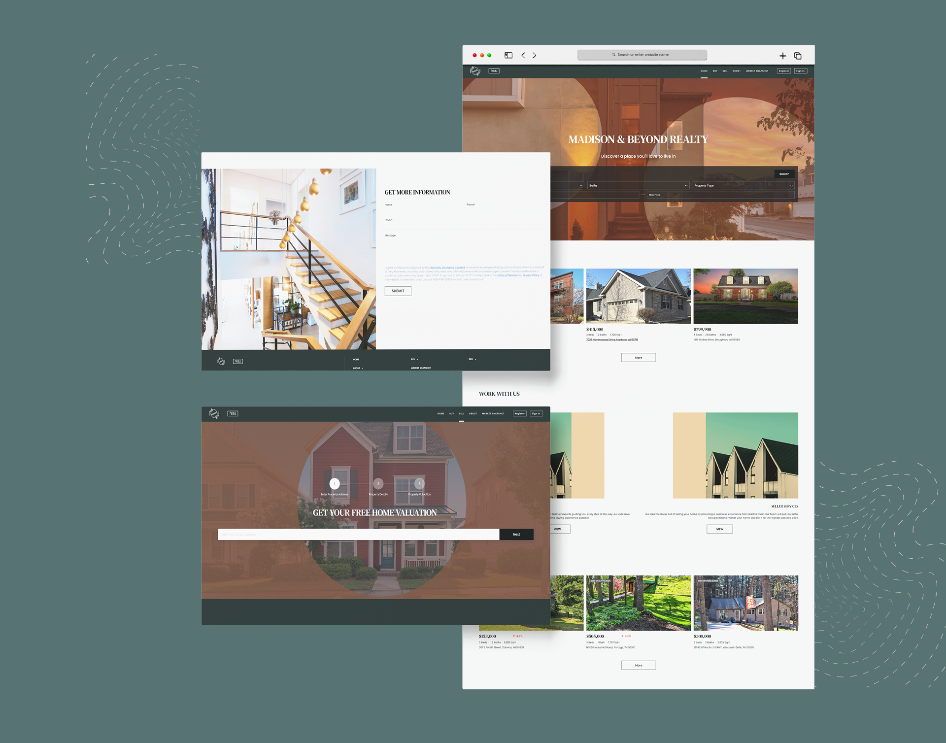 Website design on sage green: the Madison & Beyond Realty homepage with property search and listings, a get-more-information contact form, and the get-your-free-home-valuation flow.