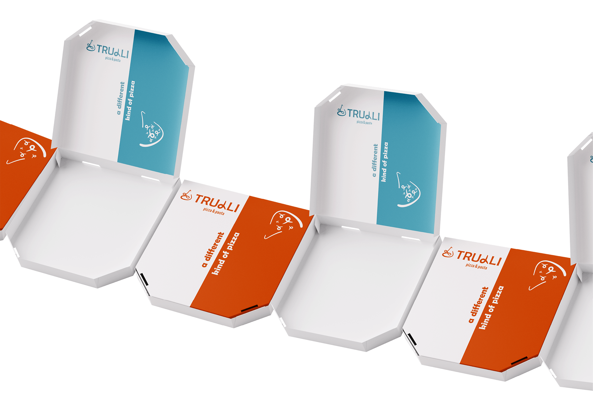 Four Trulli pizza boxes photographed from above in a diagonal run, their side panels alternating burnt orange and teal against white card, each carrying the logo, a line-drawn pizza icon and the strapline "a different kind of pizza".