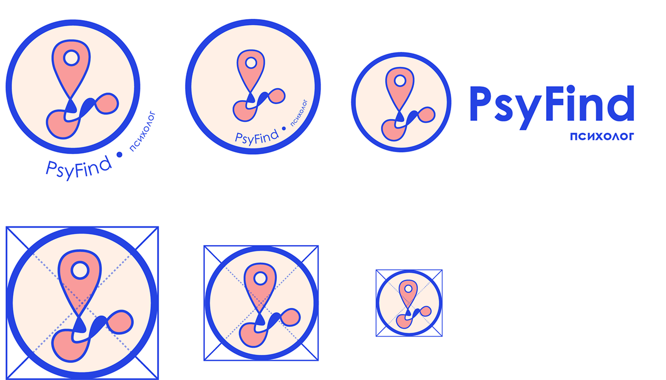 The logo system: three lockups of the circular pin badge — name curved around the disc, set inside it, and locked up horizontally with the PsyFind wordmark — above the badge's geometric construction grid shown at three sizes with corner-to-corner guide lines.