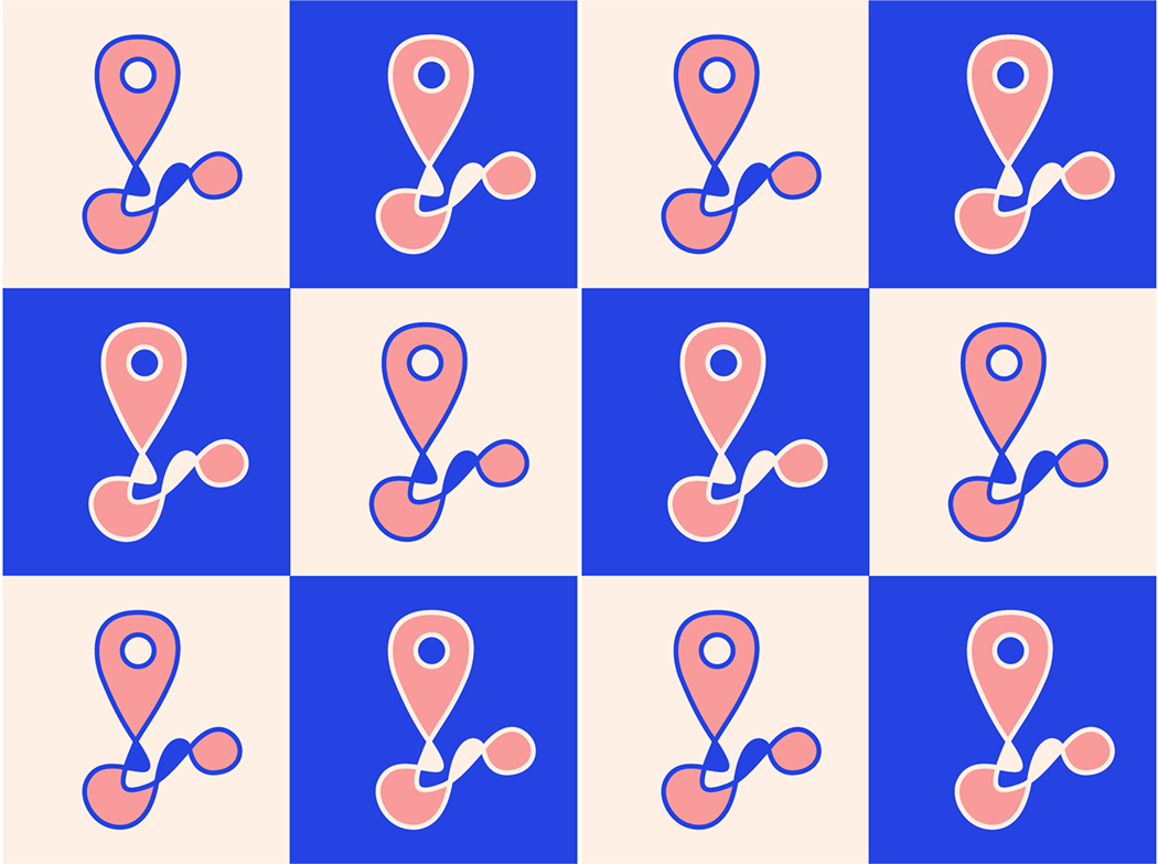 A wider checkerboard pattern tile alternating the pin mark on cream and on blue squares, four columns by three rows.