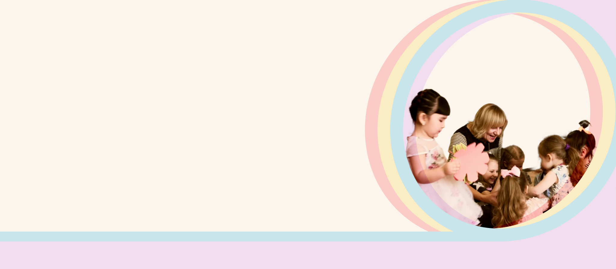 A ring of pastel rainbow arcs framing a photograph of a teacher and children laughing together during a Raduzhniy class, with a band of the brand's pastel colours along the bottom edge.